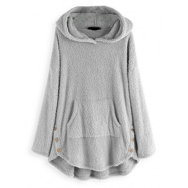 Plus Size Loose Winter Solid Fluffy Sweater Hooded Pullover Outwear Womens Fleece Button Coat Tops 